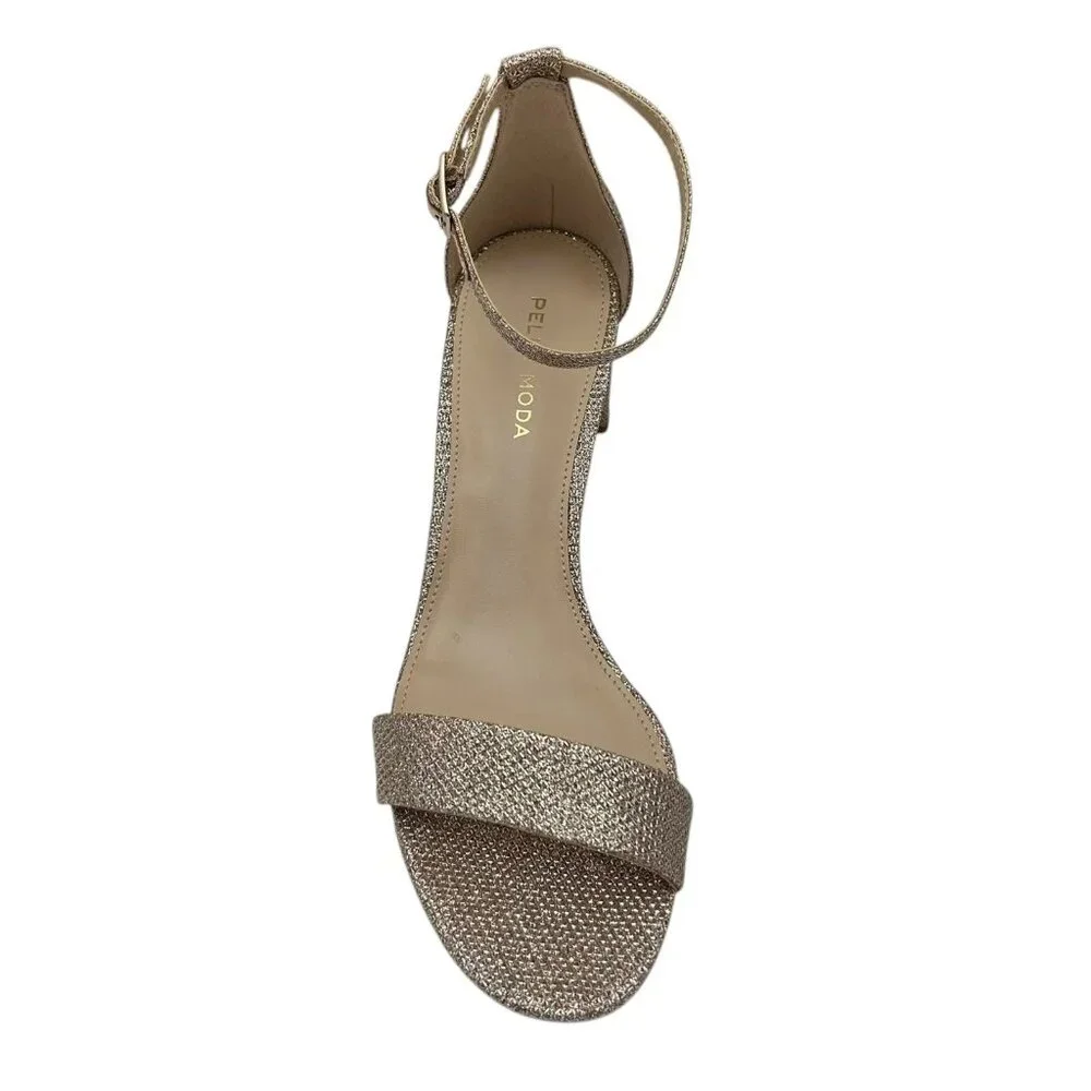 Pelle Moda‎ Women’s Monroe Sandal 7.5 Metallic Plat Gold Block Heel Ankle Strap
